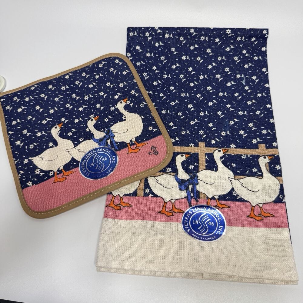 Vtg Stevens Linen Goose Bow Tea Towel Hot Pad Trivet Set Geese Kitchen 80s 90s